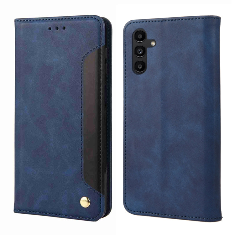 Blue splicing leather phone case for Samsung Galaxy A05s, featuring a wallet design with card slot and stand functionality.
